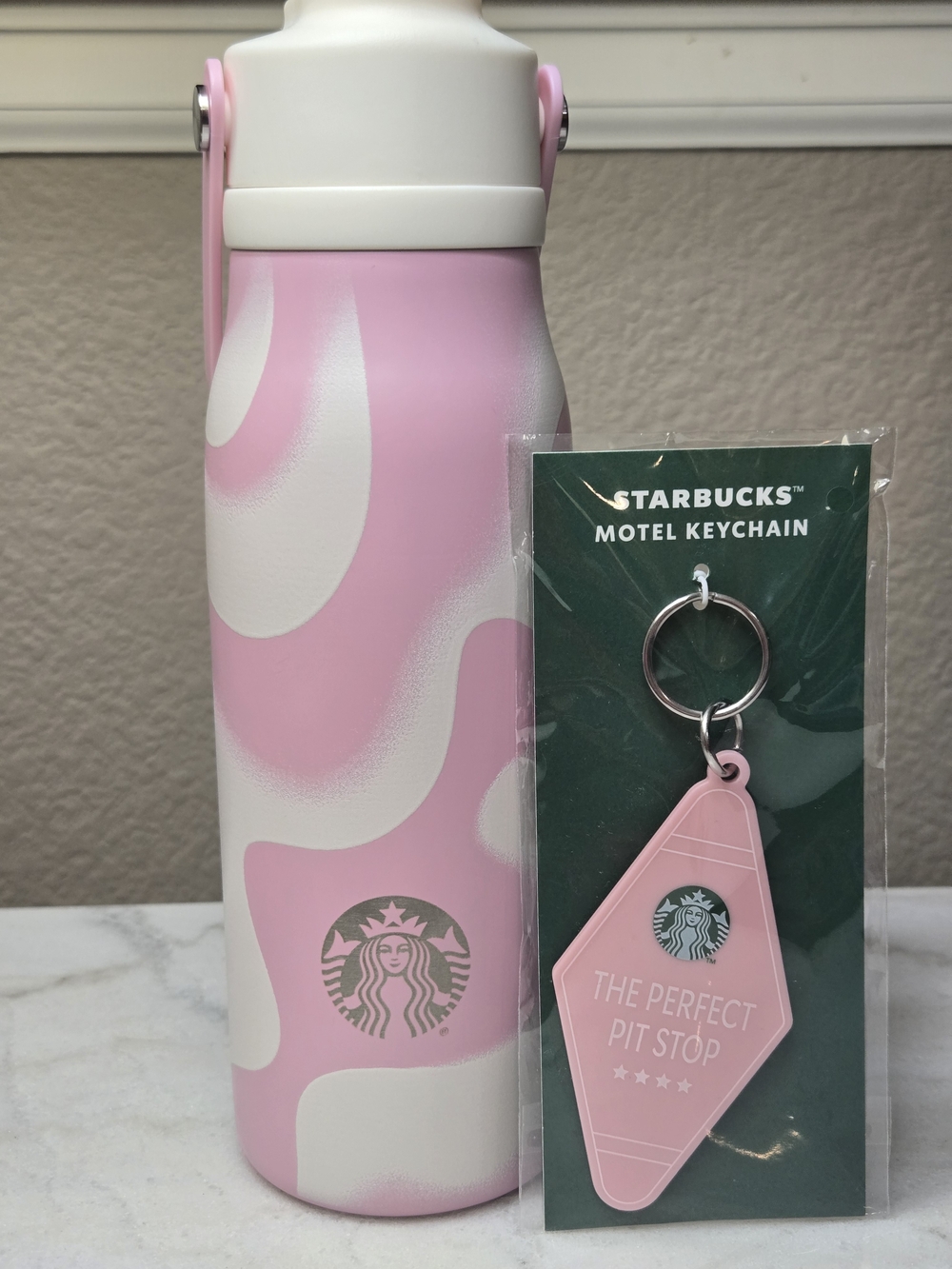 Starbucks Pink Drink Vibes Swirl Stainless Steel Water Bottle & Motel Keychain